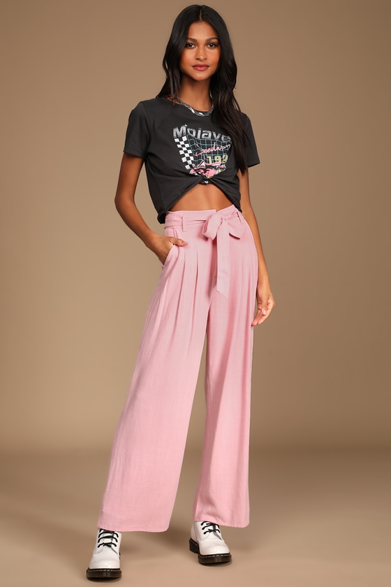 Light Pink Pants - Wide-Leg Trouser Pants - Linen Belted