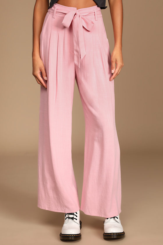 Trend Alert Light Pink Belted High-Waisted Wide-Leg Pants 3