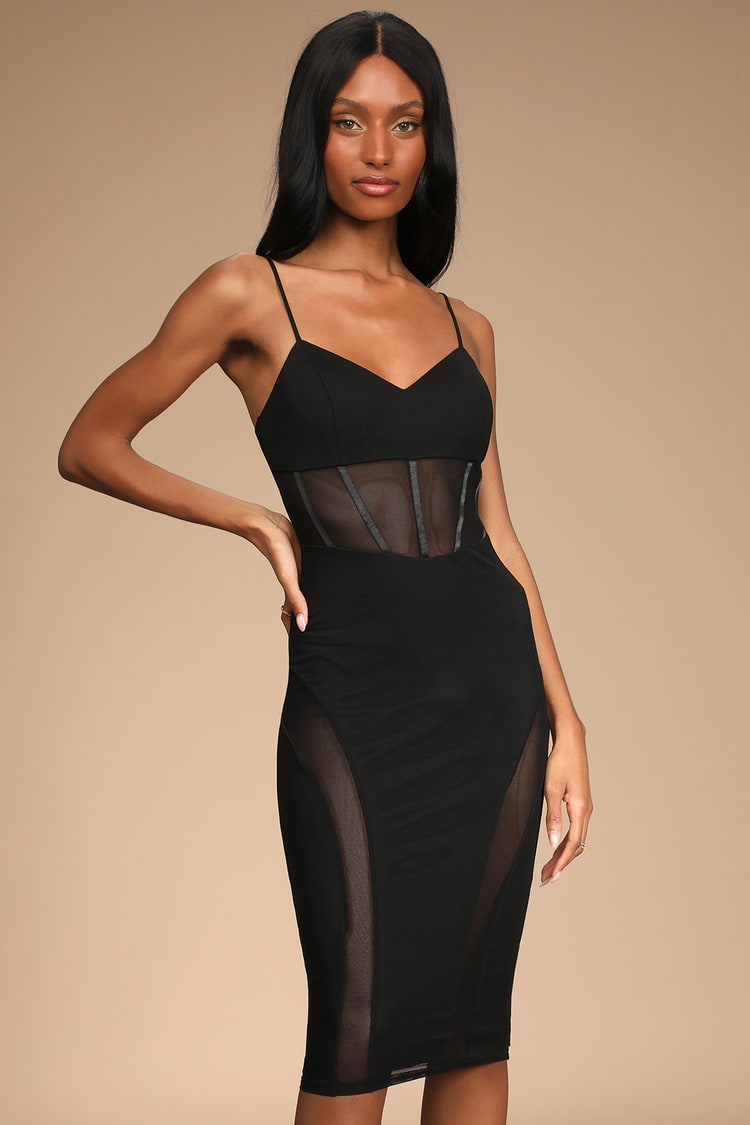 Nights Out with You Black Mesh Midi Bodycon Dress