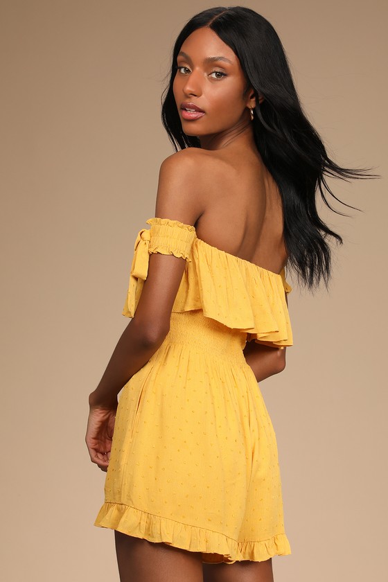 Marigold Yellow Romper - Off-the-Shoulder Romper - Smocked Marigold Yellow Romper - Off-the-Shoulder Romper - Smocked