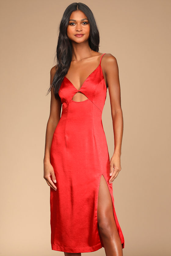Enjoy a Dance Red Satin Cutout Midi Dress 5