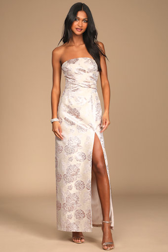 Redefine Regal Pale Pink Floral Jacquard Strapless Maxi Dress 6