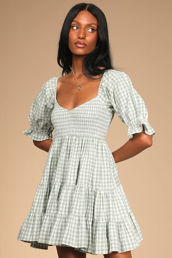 Sweet Outings Sage Green Gingham Puff Sleeve Mini Dress 4