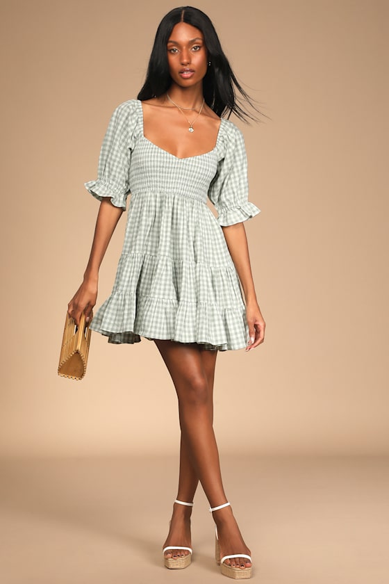 Sweet Outings Sage Green Gingham Puff Sleeve Mini Dress 5