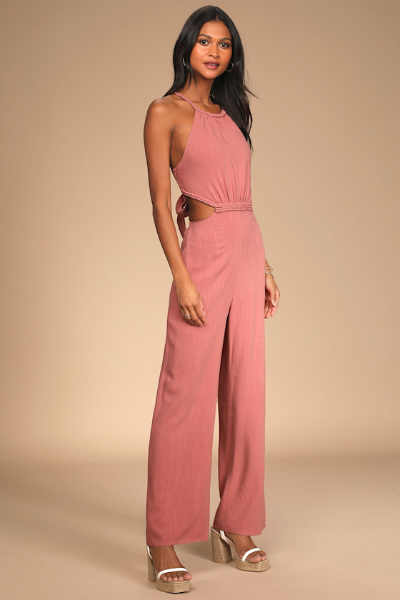 Pink Front Tie Knit Jumpsuit