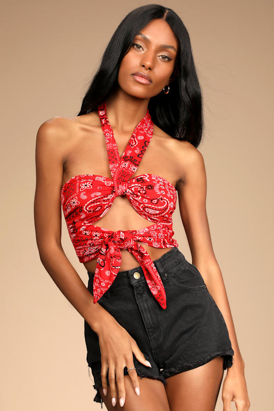 Red Bandana Crop Top - Tied Crop Top - Cropped Halter Top - Lulus