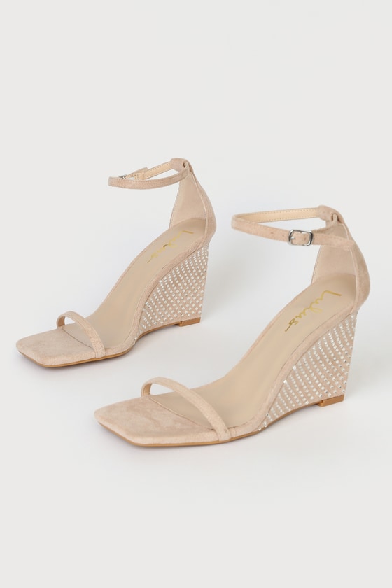 Lagaro Beige Suede Rhinestone Ankle Strap Wedge Sandals