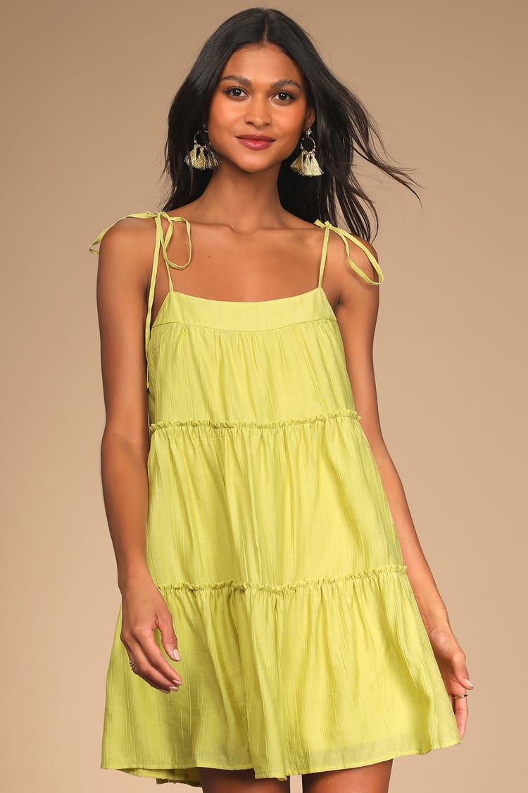 Love the Sunshine Lime Green Tie-Strap Tiered Babydoll Dress