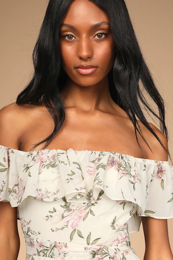 Amazing Moment Cream Floral Print Off-the-Shoulder Dress 2