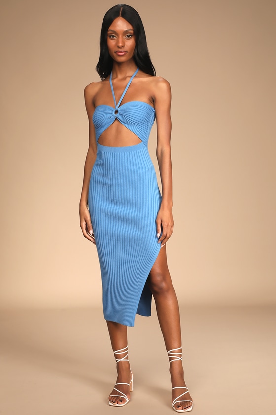 Leading the Trends Blue Ribbed Knit Cutout Halter Midi Dress