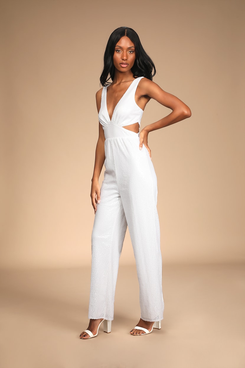 Effortless Love White Sequin Cutout Wide-Leg Jumpsuit