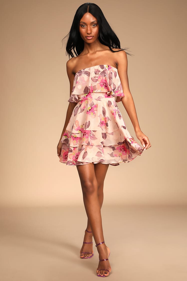 Pink Floral Mini Dress - Jacquard Dress - Ruffled Strapless Dress
