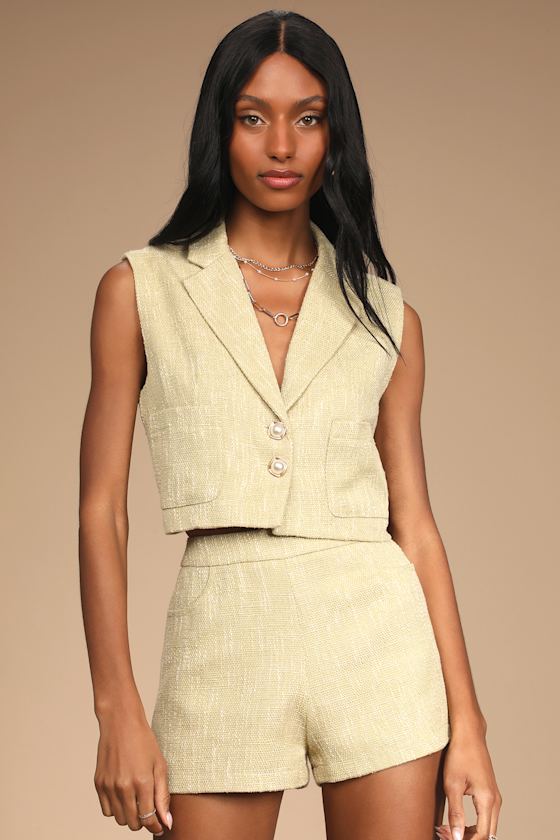 Perfect Company Olive Tweed Sleeveless Cropped Blazer