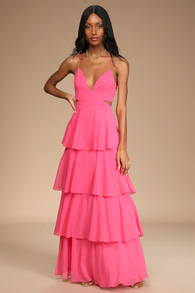 Tier and Now Hot Pink Tie-Back Tiered Maxi Dress