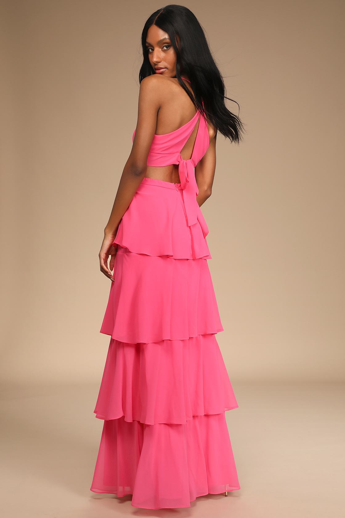 Tier and Now Hot Pink Tie-Back Tiered Maxi Dress