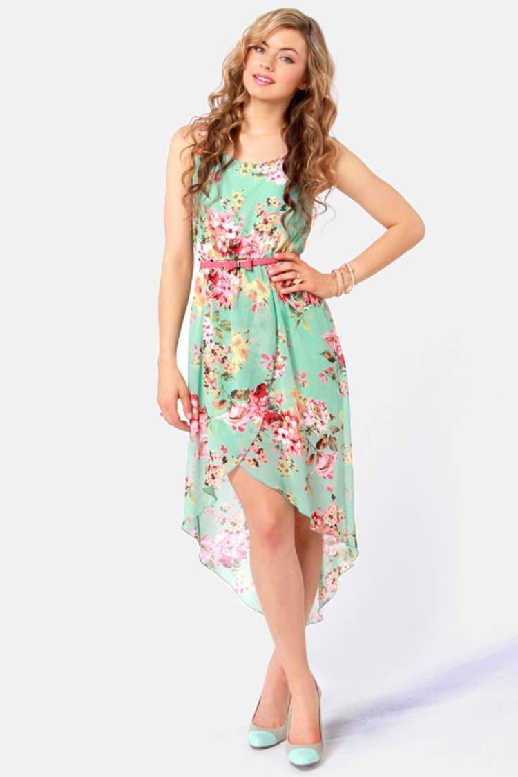 green floral high low dress Baltic Born Womens Audrey Deep V Maxi Dress | Green Floral main image 1