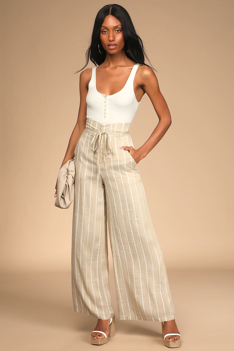 Beige Pants - Striped Pants - Wide Leg Pants - High-Waisted Pants