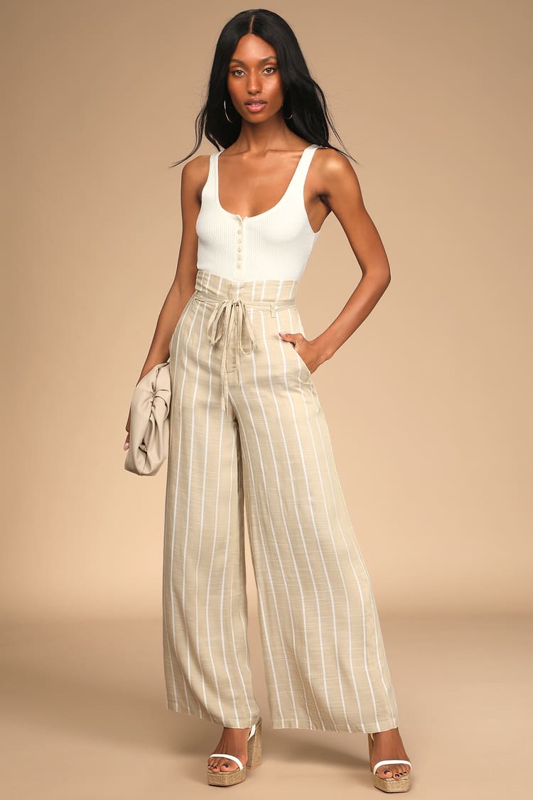 Day by Day Beige Striped High-Waisted Wide Leg Pants