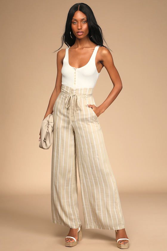 Day by Day Beige Striped High-Waisted Wide Leg Pants 6
