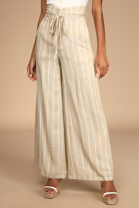 Day by Day Beige Striped High-Waisted Wide Leg Pants 4