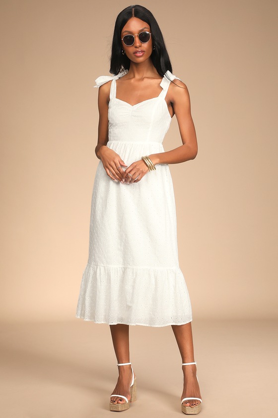 Lulus Fairytale Feeling White Eyelet Tie-strap Tiered Midi Dress