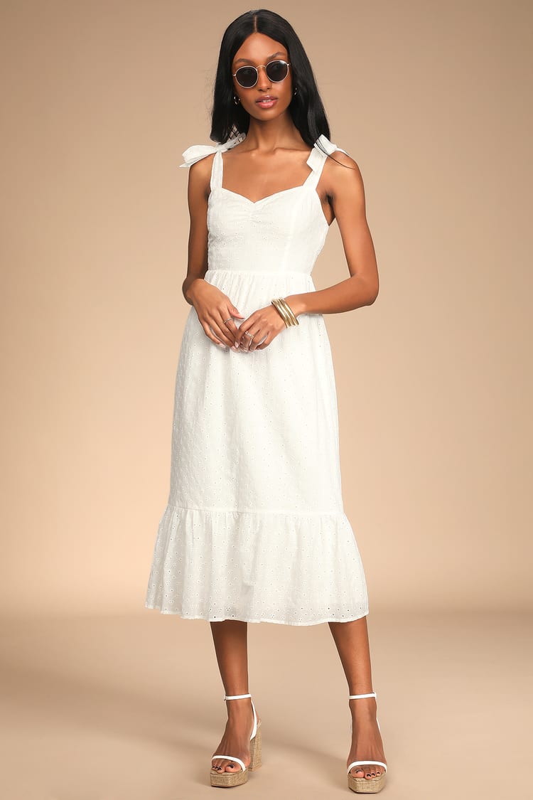 White Midi Dress - Eyelet Ruffled Dress - Tie-Shoulder Dress - Lulus