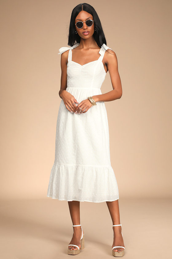 Fairytale Feeling White Eyelet Tie-Strap Tiered Midi Dress 6
