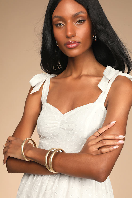 Fairytale Feeling White Eyelet Tie-Strap Tiered Midi Dress 2