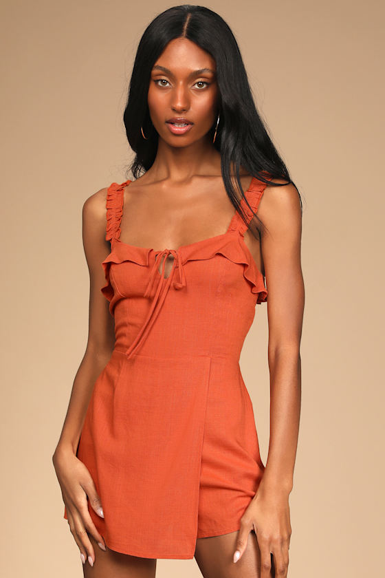 Weekend Fun Rust Orange Tie-Front Ruffled Skort Romper 2
