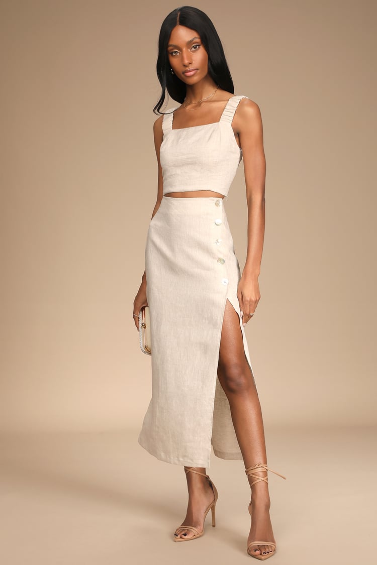Caught in Cannes Beige High-Waisted Side Button Midi Skirt