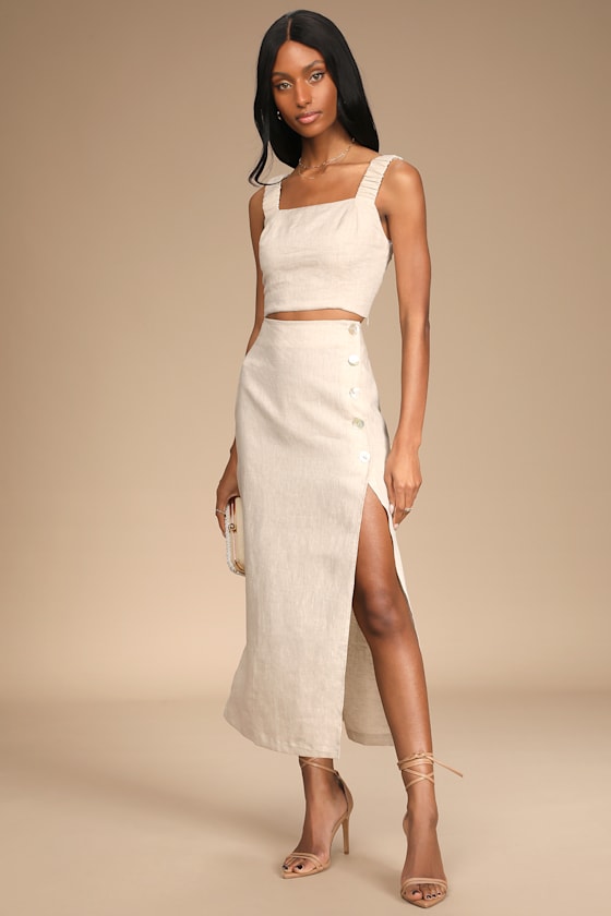 Caught in Cannes Beige High-Waisted Side Button Midi Skirt 4