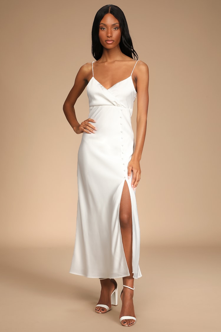 White Satin Dress - Midi Dress - Slip Dress - Surplice Dress - Lulus