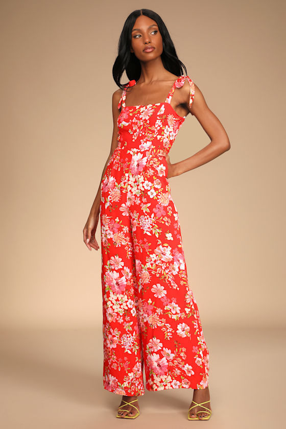 Sunny Sweetness Red Floral Print Tie-Strap Jumpsuit 3