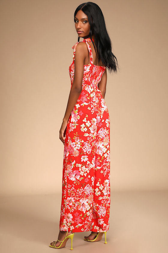 Sunny Sweetness Red Floral Print Tie-Strap Jumpsuit 1