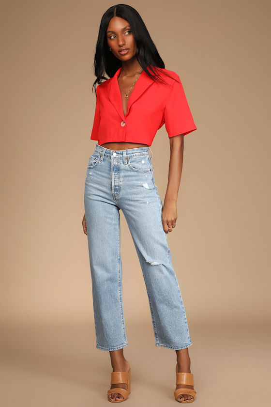Perfectly Suited Red Short Sleeve Cropped Blazer 5