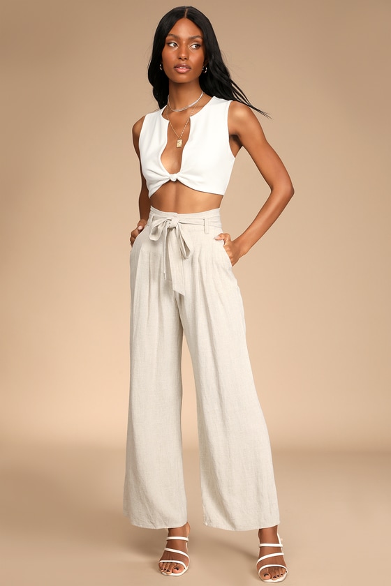 Beige Pants - Wide-Leg Trouser Pants - Linen Belted Pants - Lulus