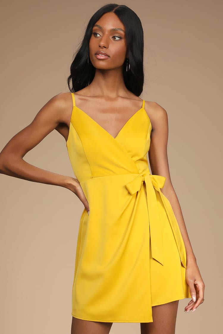 Yellow Mini Dress - Satin Faux-Wrap Dress - Side-Tie Dress - Lulus