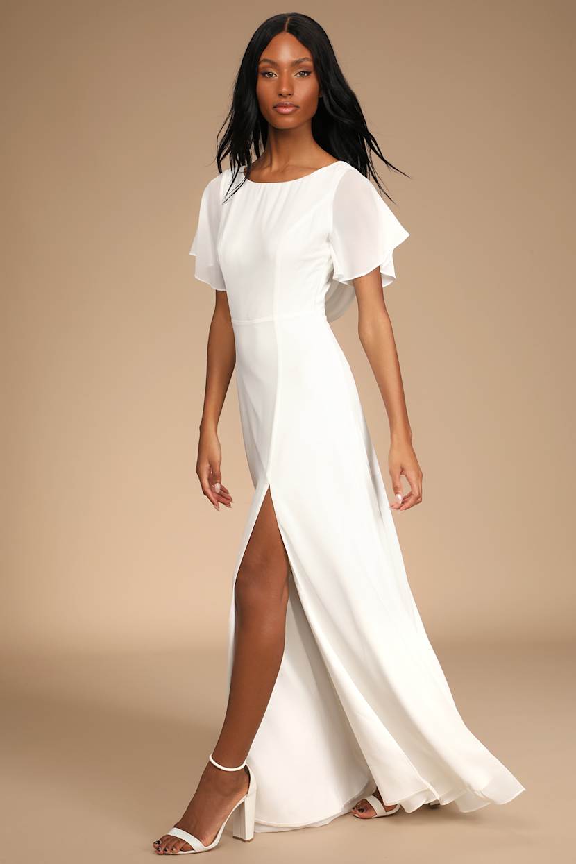 flutter sleeve white maxi dress NWT! LULU'S Eternal Bond White Satin Ruffled Flutter Sleeve Maxi DRESS XXS