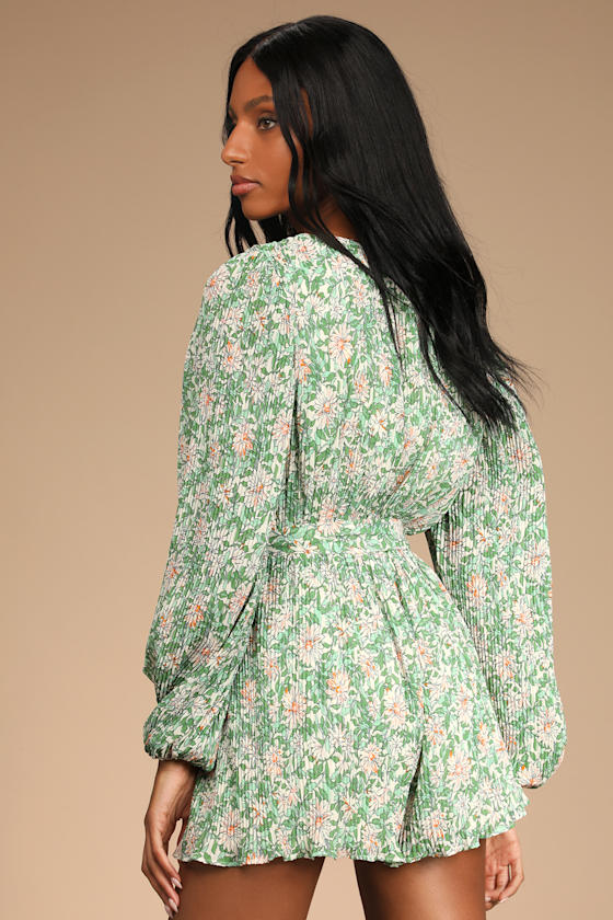 Dancing Blossoms Green Floral Print Pleated Long Sleeve Romper 2