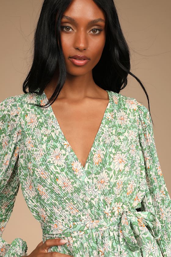 Green Floral Romper - Long Sleeve Romper - V-Neck Romper - Lulus