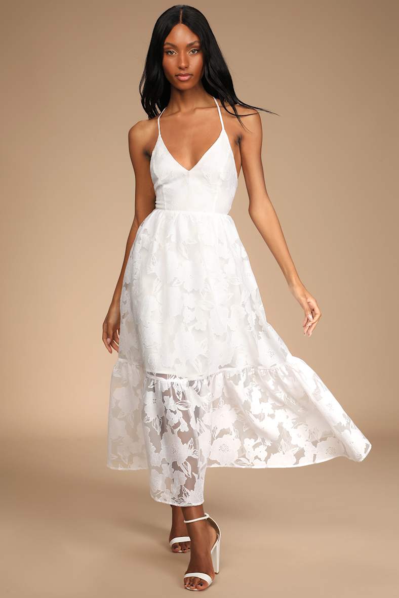 Feeling Like Forever White Jacquard Organza Lace-Up Midi Dress