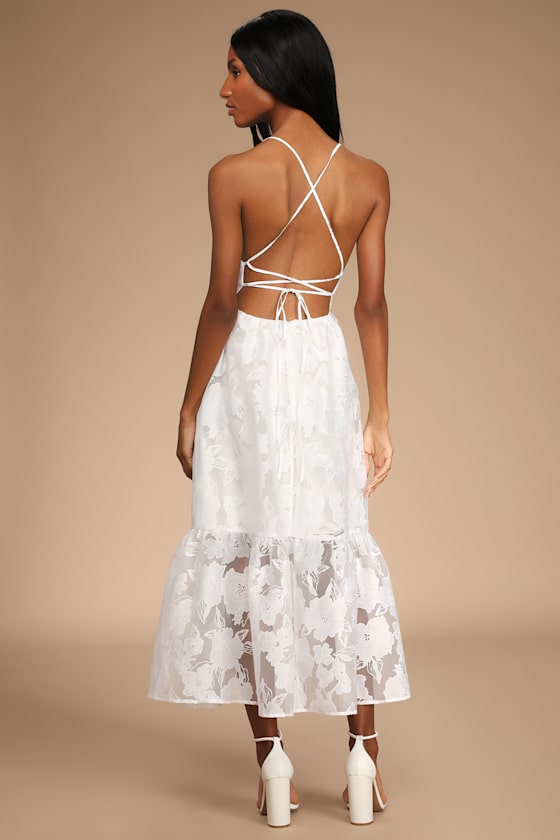 Feeling Like Forever White Jacquard Organza Lace-Up Midi Dress 2