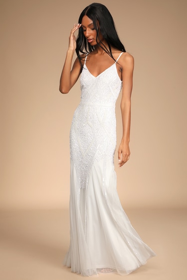 white maxi dress - mermaid dress - beaded dress - sequin dress - lulus