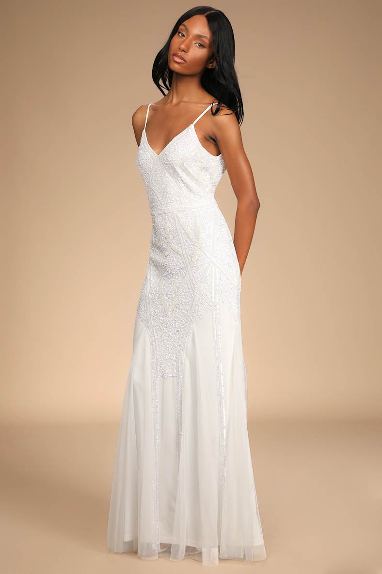 Just the Beginning White Beaded Sequin Mermaid Maxi Dress