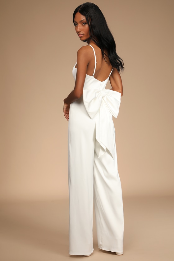 Lasting Romance Ivory Satin Bow Back Wide-Leg Jumpsuit