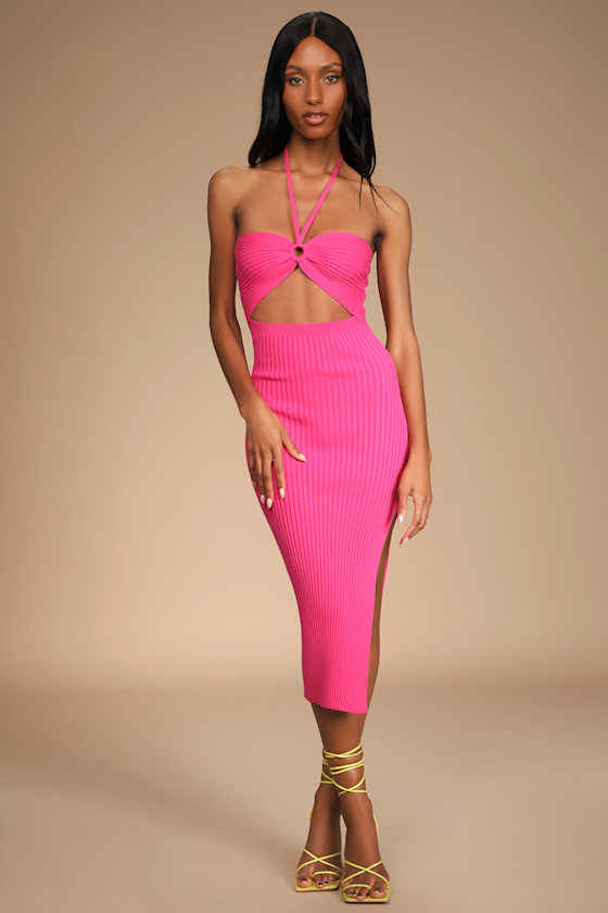 Leading the Trends Hot Pink Ribbed Knit Cutout Halter Midi Dress 5