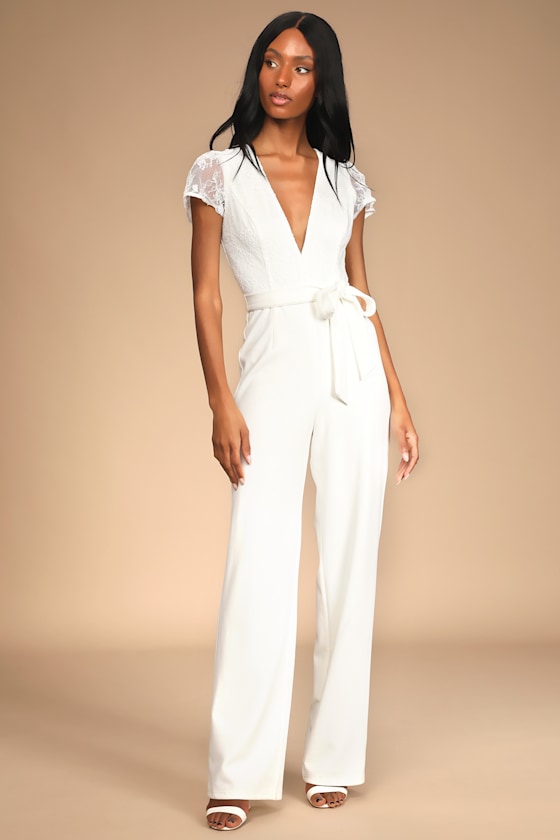 Perfect Ceremony Ivory Lace Short Sleeve Wide-Leg Jumpsuit 4