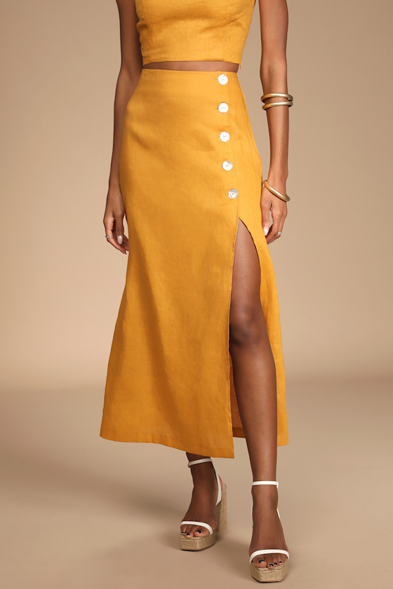 Caught in Cannes Mustard High-Waisted Side Button Midi Skirt 4