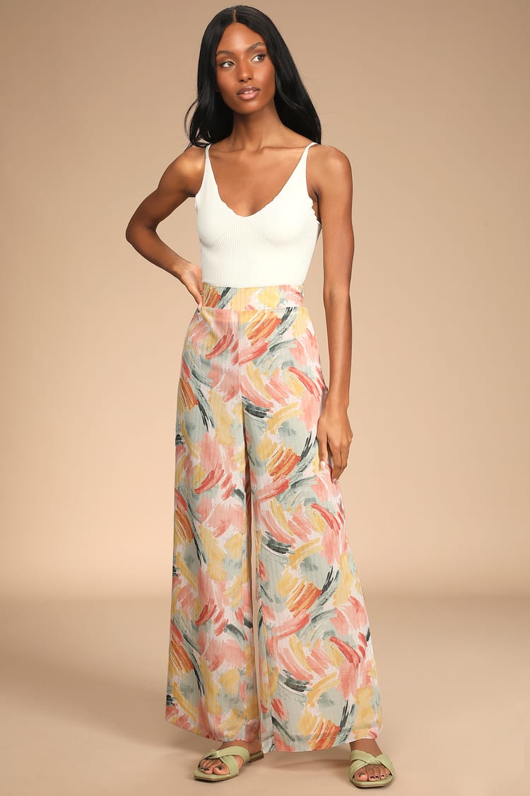 Crushing on Color Pink Multi Print High-Waisted Wide-Leg Pants