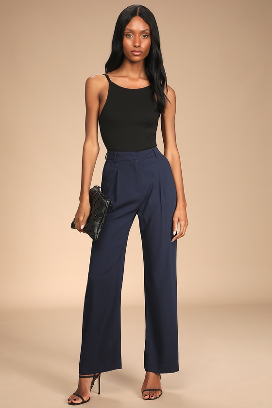 Speak Chic Navy Blue High-Waisted Wide-Leg Trouser Pants